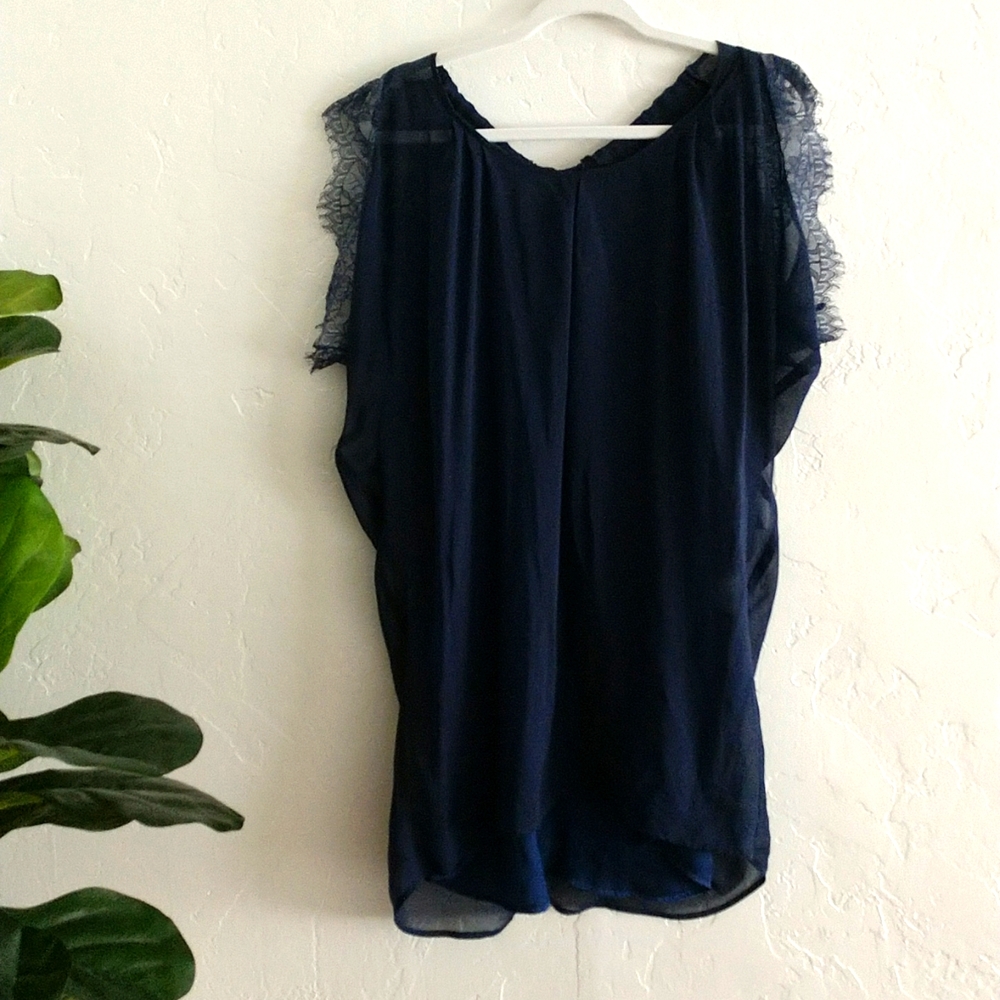 Anthropologie Lost April Navy Blue Tunic Lace Tie back Bow Long Flowy Blouse